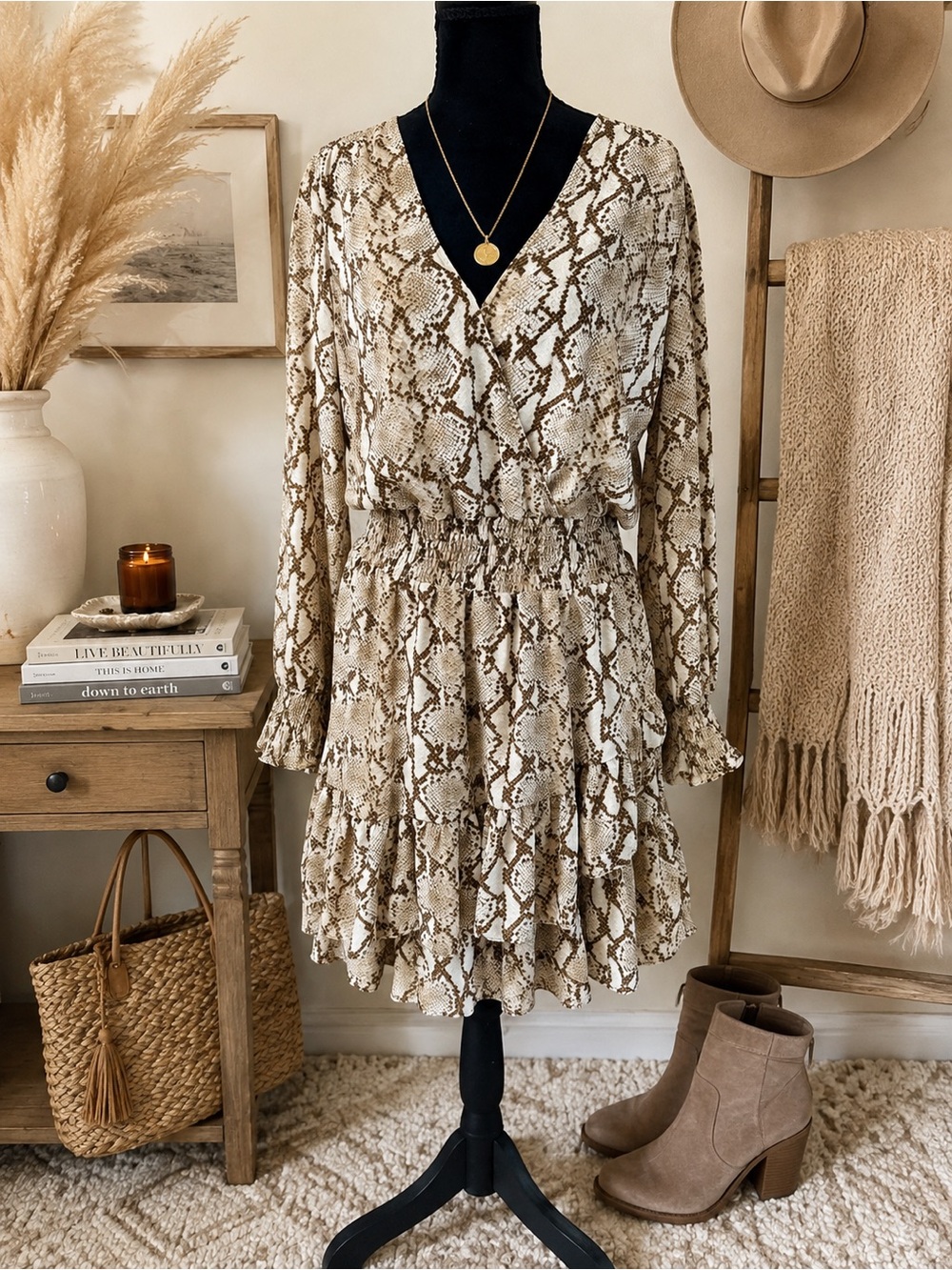 MICHAEL Michael Kors Snakeskin Print Ruffle Dress Size L